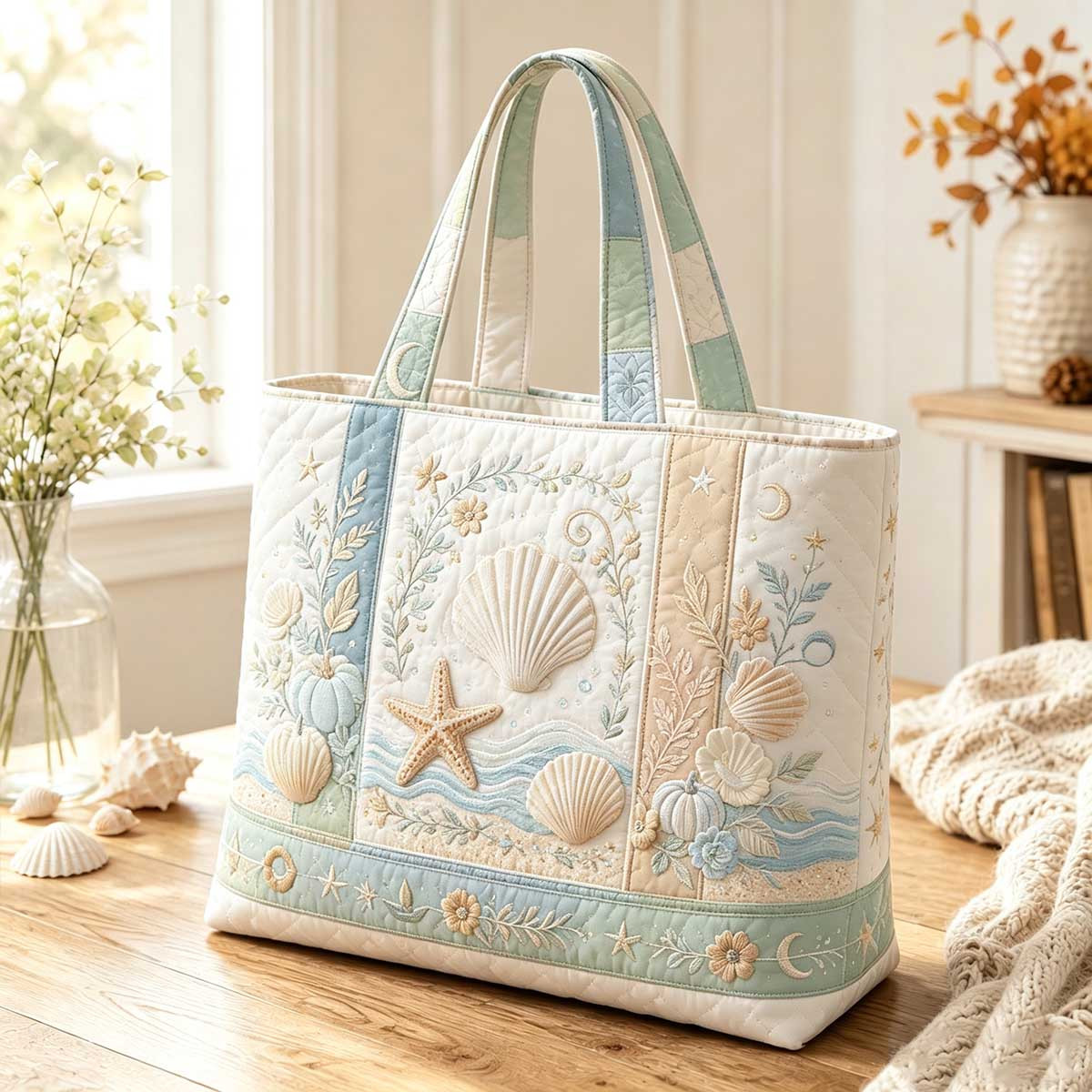 TEMU Starfish Quilted Tote Bag Seaside Vacation Women's Large Capacity Handbag