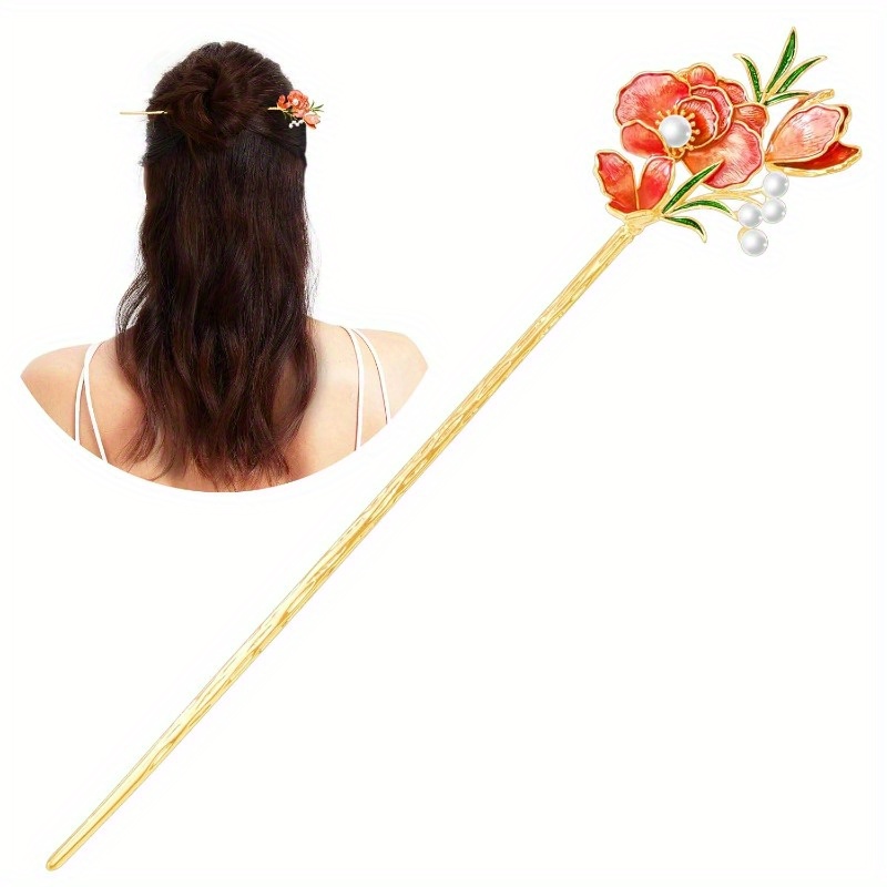 jewelry grade   floral hair stick dual purpose chinese hair clip chopsticks with red floral   everyday hairstyle elegant bridal or personal accessory gift for women Product details 0