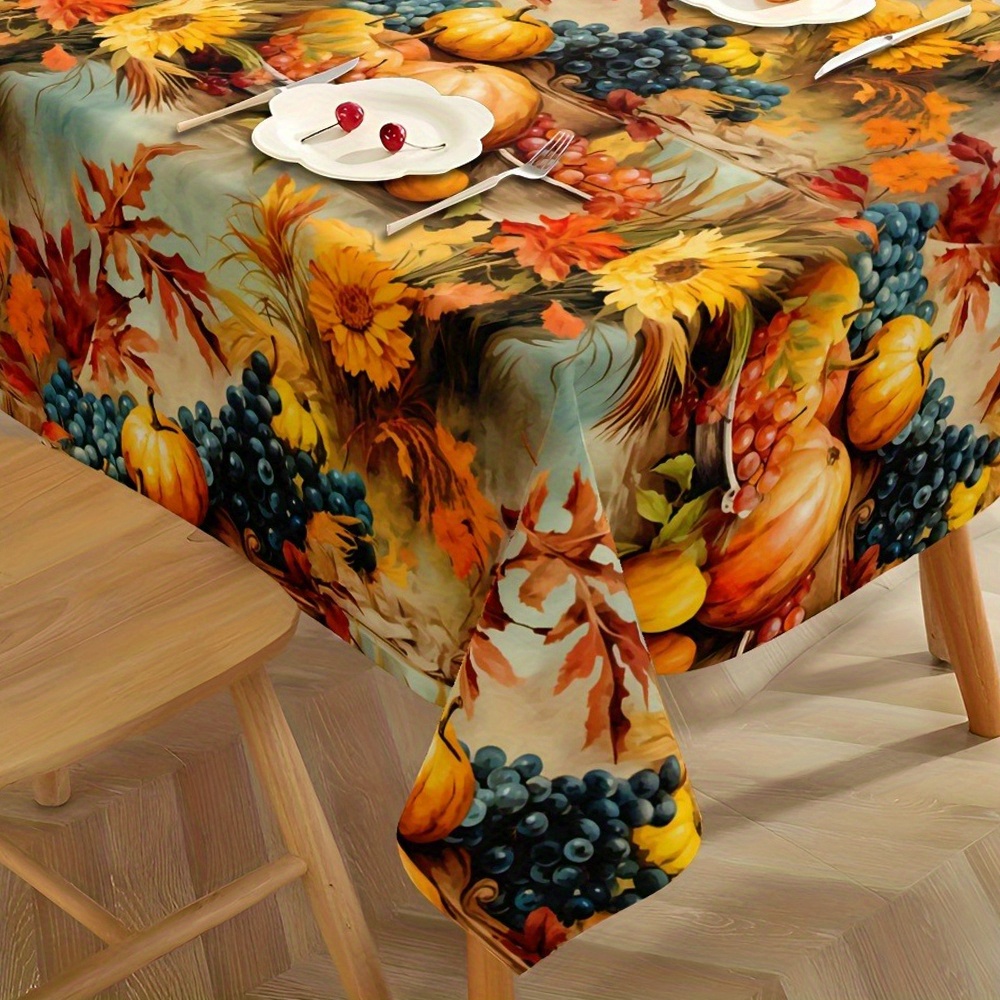 TEMU 1pc Vintage Countryside Style Sunflower & Fruit Tablecloth - Polyester, Machine-made, Autumnal Design With Sunflowers, Grapes, Pumpkins &