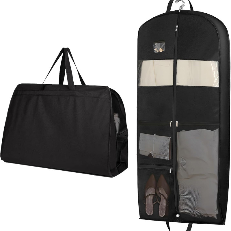 durable canvas garment bag for suits dresses coats travel storage organizer with transparent window zippered pockets multi compartment shoe storage sturdy handles foldable clothes cover travel garment bag sleek garment bag zippered compartments clothes organizer storage details 1