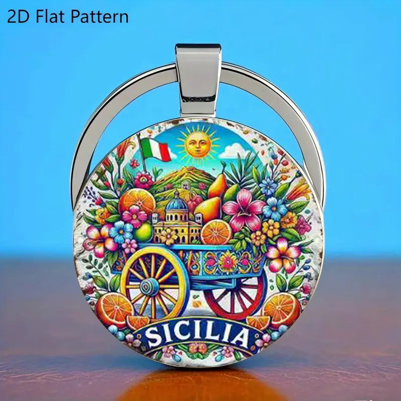 2d Flat, Vintage -style Keychain - Vibrant Floral Carriage Design With "sicilia" Text, Durable Car Pendant, Bag Charm, Perfect Gift For 's Day, Christmas, Thanksgiving, Halloween, 2d Flat