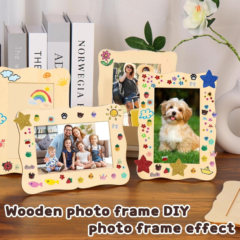Image of 1 Pack 6pcs Wooden Photo Frame Making Kit With Drawing Tools And Embellishments 4x6 Inch For Holiday Gifts And Bedroom Display
