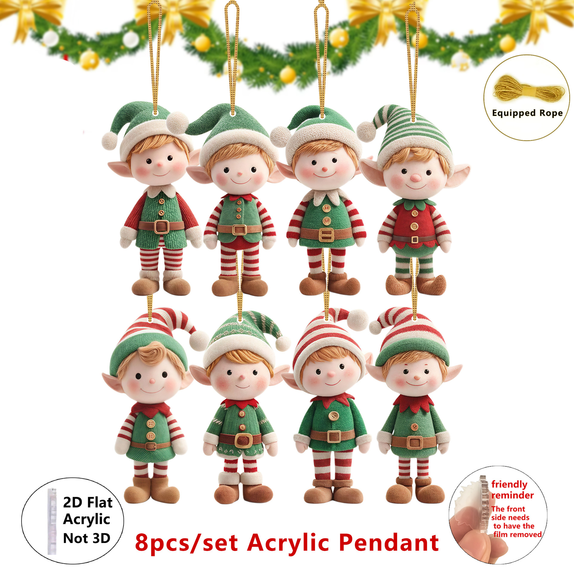 Image of 2d Flat, 2d Flat-8pcs Christmas Plush Elf Acrylic Pendant, Simulated Elf Pendant For Home Decoration, Christmas Tree Simulation Tree Decoration, Party Supplies, Gift Signs, 2d Flat