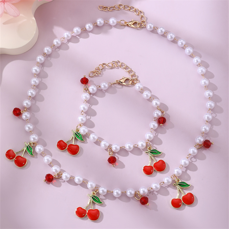 TEMU 2pcs Cute And Sweet Alloy Strawberry Cherry Tassel Pendant Necklace And Bracelet Set, Gift For And Ladies