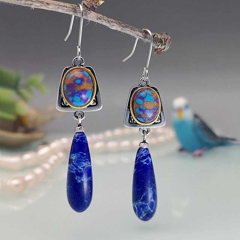E-shop Vintage Bohemian-Stil Lange Synthetische Türkis-Anhänger Ohrringe, Elegante Damen Ohrschmuck Accessoires, Ein Geschenk für