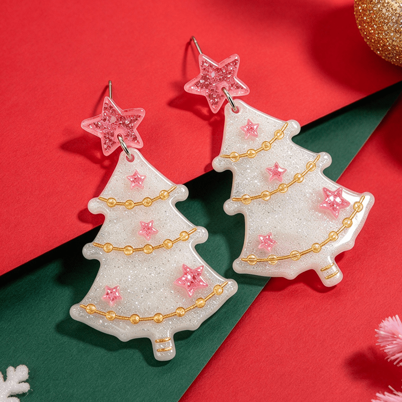Christmas Pink Star Tree Earrings, Festive Dangle Gift