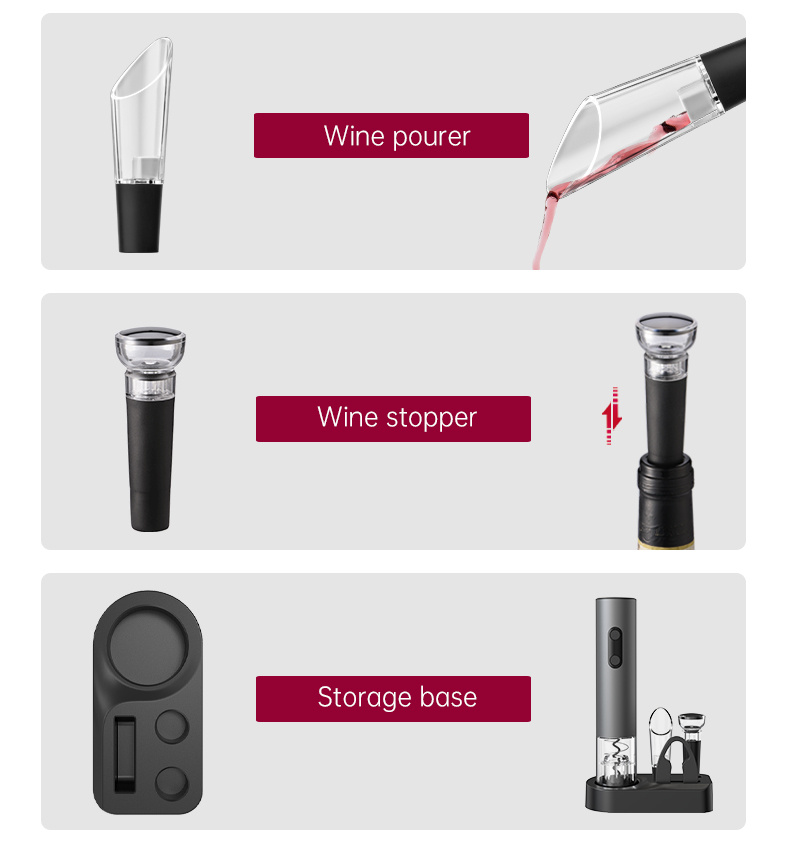 automatic electric wine bottle opener set by featuring a battery operated corkscrew a stopper foil cutter wine pourer and storage base parties and suitable for home kitchen and restaurant use Product details 9