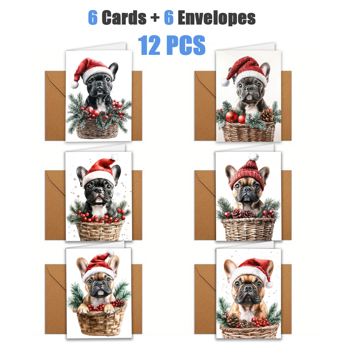 TEMU 6pcs Christmas Santa Hat French Bulldog Basket With Card|envelope Included, Card|perfect For Birthdays, Celebrations, And Thank You Notes,