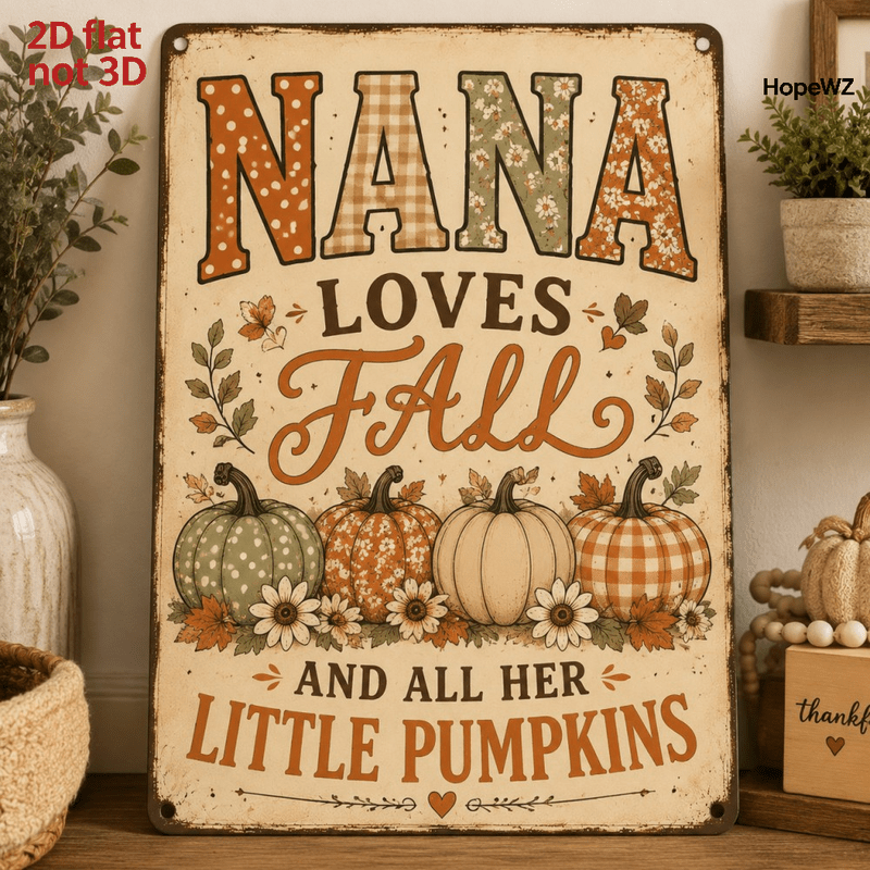 TEMU 2d Flat, [2d Flat] 1pc Metal Wall Art Autumn Fall Thanksgiving Decor Sign, Pattern: " Fall And All Her " With Pumpkins, Leaves, And , Size 6×12