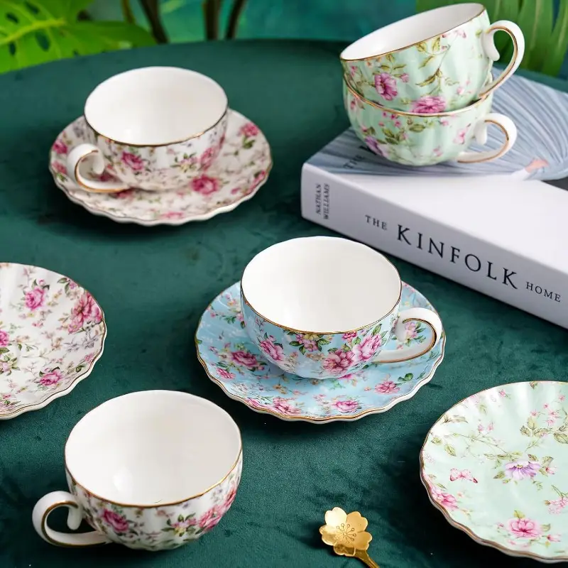 tea cup and saucers 6 4oz floral tea cups with porcelain bone china teacup coffee cappuccino espresso latte mugs for party birthday party christmas gift green Product details 5