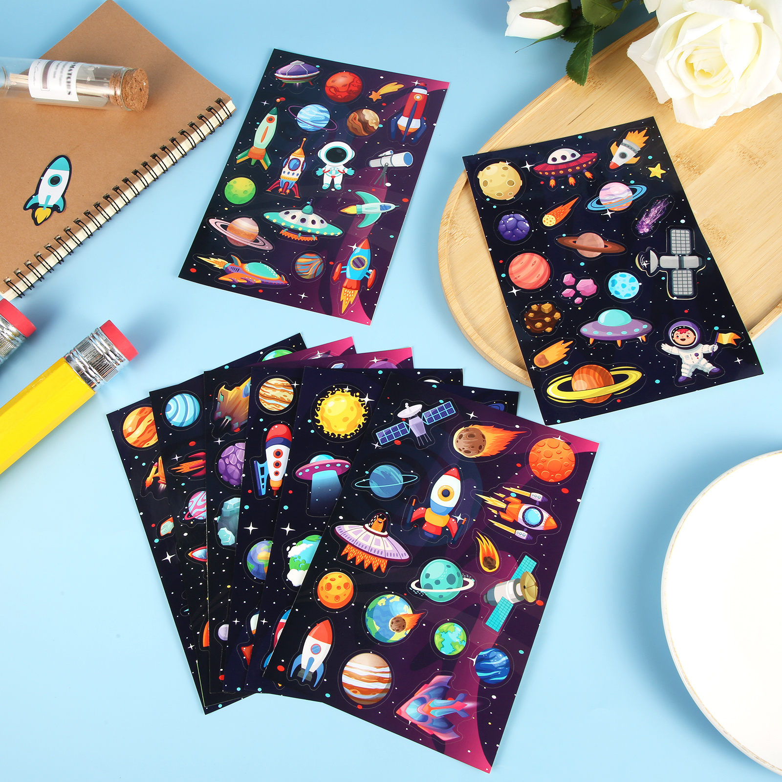 24pcs Outer Space Stickers, Self Adhesive Waterproof Sticker With Planet Solar System For Galaxy Astronaut Rocket Bulk Decorations For Party Decor Class Rewards Decor