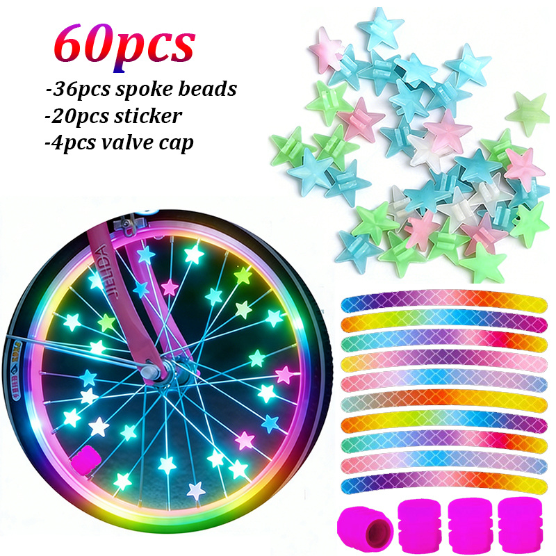 TEMU 60pcs/set Glow In The Dark Bike Spoke Beads & Valve Caps With Reflective Wheel Rim Stripe Decals Kit, Night Riding Wheel Decorations For Bicycle
