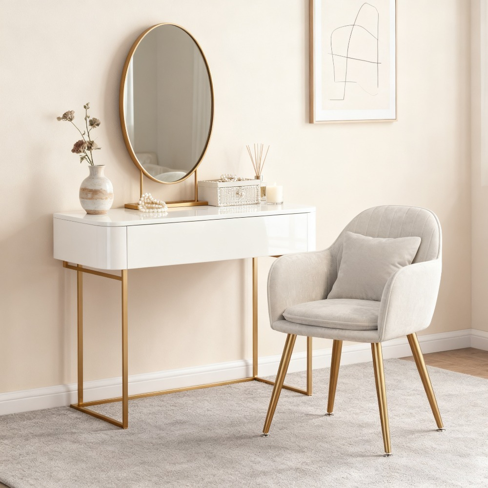 1pc Silla de Comedor Cómoda de Tela Liso, Silla de Café con Estructura de Metal, Reposabrazos y Respaldo, Silla de Comedor de Terciopelo, Silla de Maquillaje con Cojines de Lazo, Silla Lateral