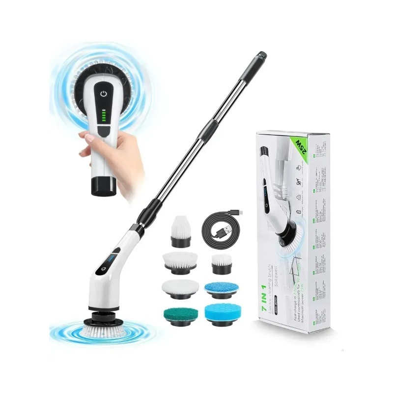 TEMU Brosse de nettoyage électrique fil rotative, brosse de nettoyage rechargeable avec 7 têtes d'brosse interchangeables, brosse rotative réglable à