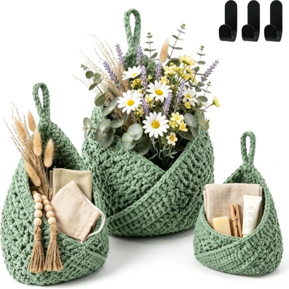 TEMU 6pcs Panier de Rangement Suspendu Bohème Tissé à , 3pcs Paniers de Rangement et 3pcs Crochets, Panier de Rangement Décoratif Mural, Boîte de