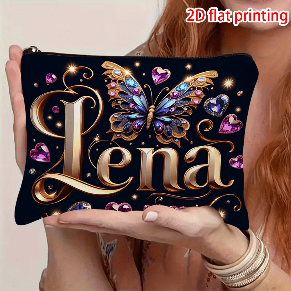 1pc Makeup Bag With Name/text & Golden Lena Lettering & Design - Zipper Closure Suitable For Travel Or Daily Use, Portable Gift For Women,, 2d Flat