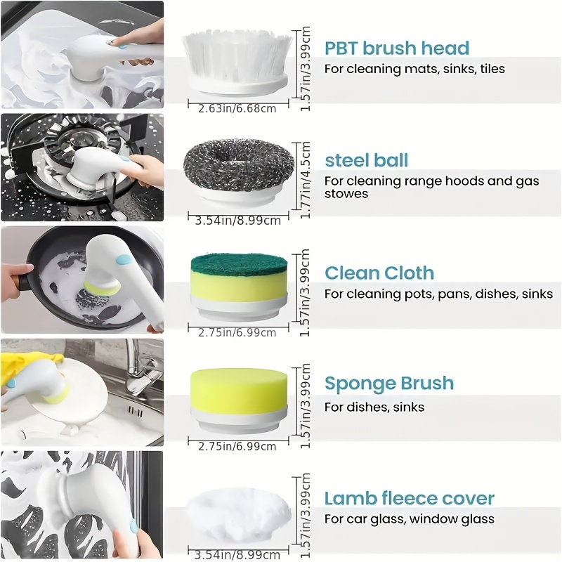 1pc cordless electric rotating scrubber with 5 interchangeable brush heads handheld rechargeable shower brush for bathtub tiles shower kitchen car glass cleaning usb charging 800mah lithium battery details 2