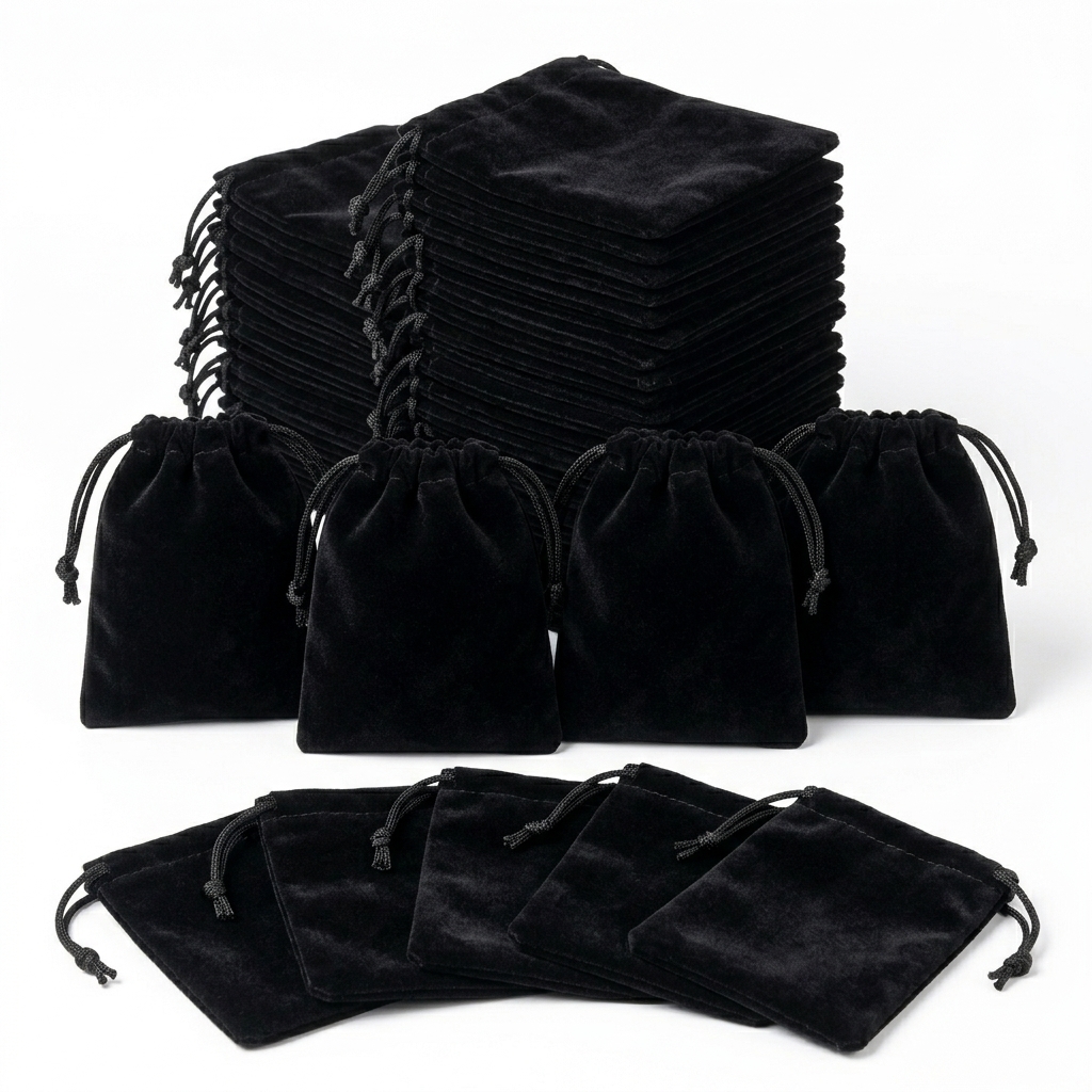 TEMU 47pcs Black Velvet Drawstring Bags Soft Reusable Jewelry Storage Pouches Portable Small Favor Gift Packing Sacks With Cord Closure For Wedding
