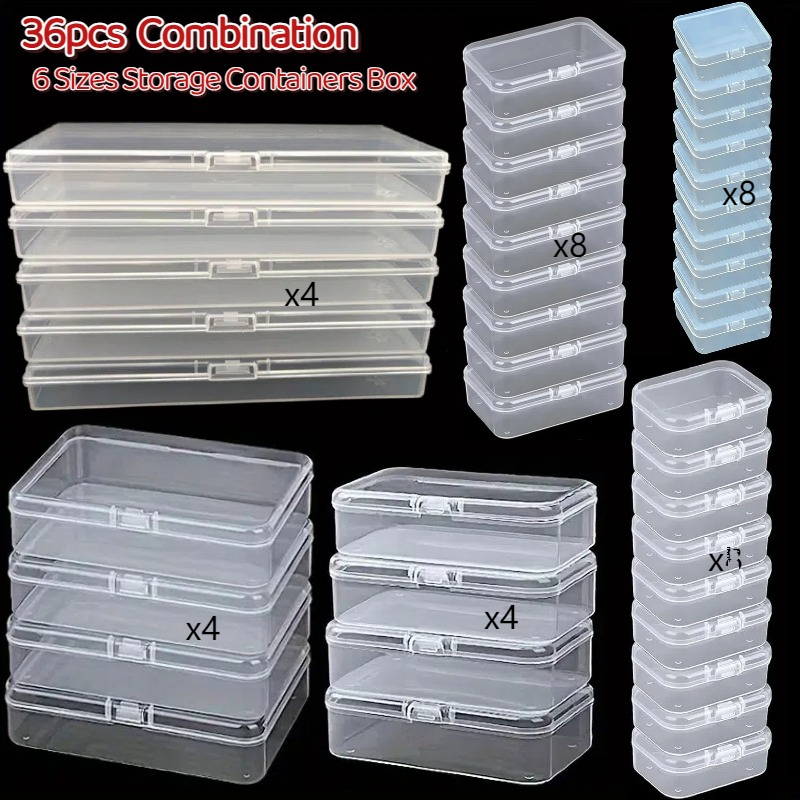 Bead Storage Container, 36pcs Different Sizes Rectangular Mini Clear Plastic Storage Boxes With Hinged Lid For Bracelet Making Jewelry Craft Nail Organizer, 6 Mix Sizes, Shelf Baskets