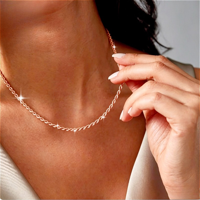 Unisex Waterproof Rose Golden Twisted Rope Chain Necklace