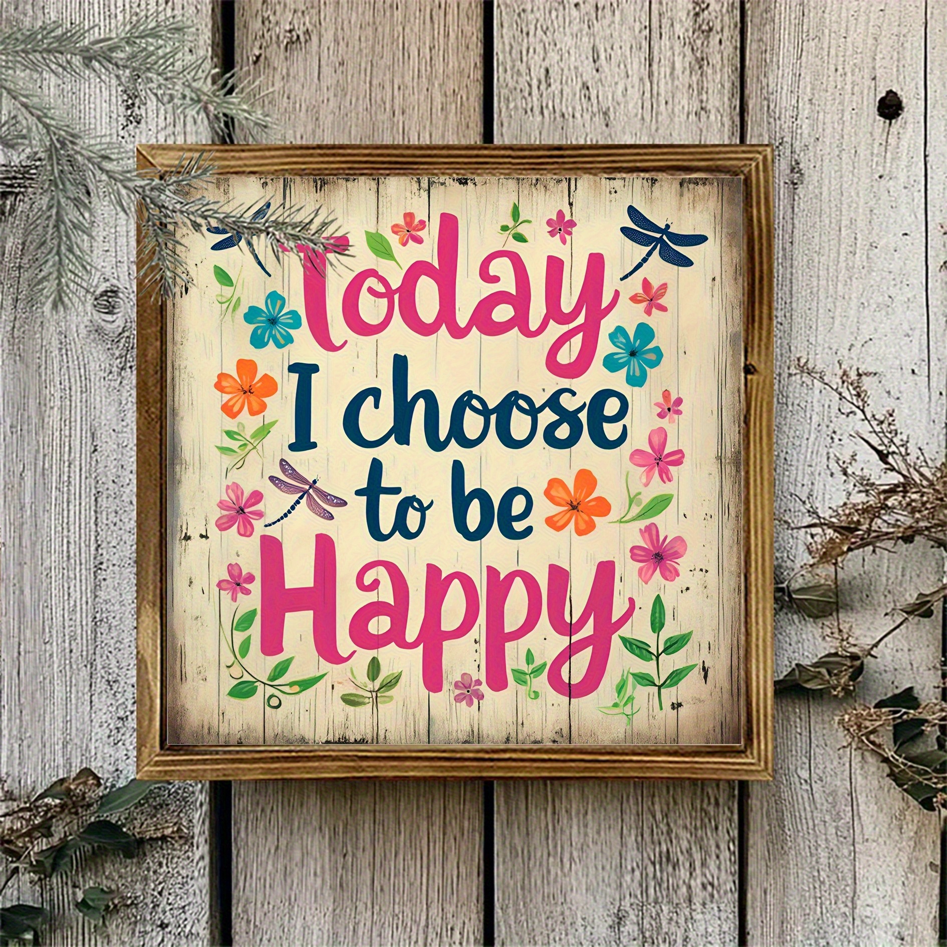 2D Flat - 2D Wall Art Featuring The Phrase 'Today I Choose Happiness' - a Country-Style Decoration with Floral Accents in Pink, Beige, Brown, Or Orange - Made from Reclaimed Wood, Suitable for Home, Office