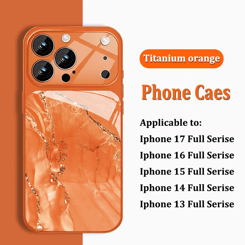 TEMU Phone Case: Orange Marble Texture High-end, Sophisticated, And Niche Design Glass Case For Iphone 17 Series. Suitable For Iphone 17 Pro Max/17