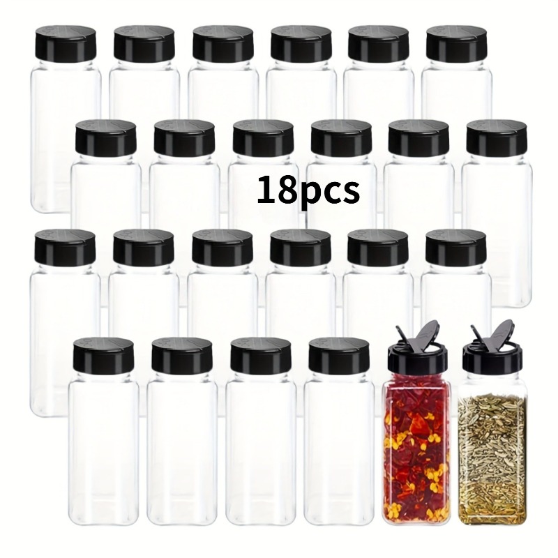 TEMU 18pcs 3.5oz Black Plastic Spice Containers With Black Screw Lids | Reusable, Food-safe, Ideal For Spices, Powders, And Seasonings - Rectangular