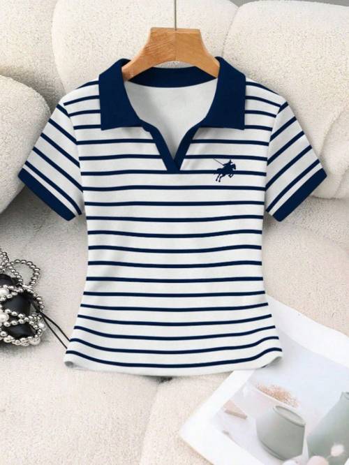 and white striped collar buttonless t shirt with pony logo contrast fit flattering commuter womens shirt