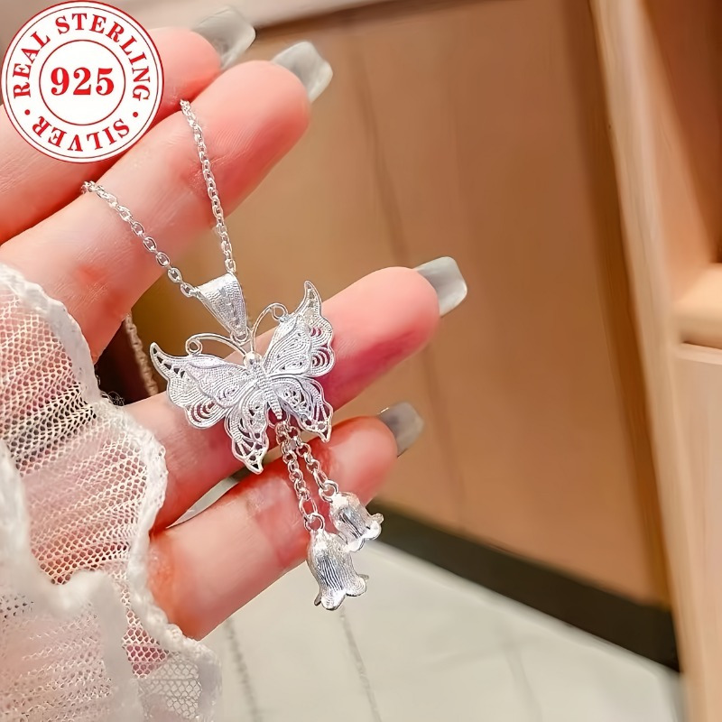 TEMU A Beautifully S925 Sterling Silver Pendant Necklace Featuring A Lily Of The Valley And , Complete With A Tassel. Hypoallergenic, Use And , Making It A Wonderful Gift For Her