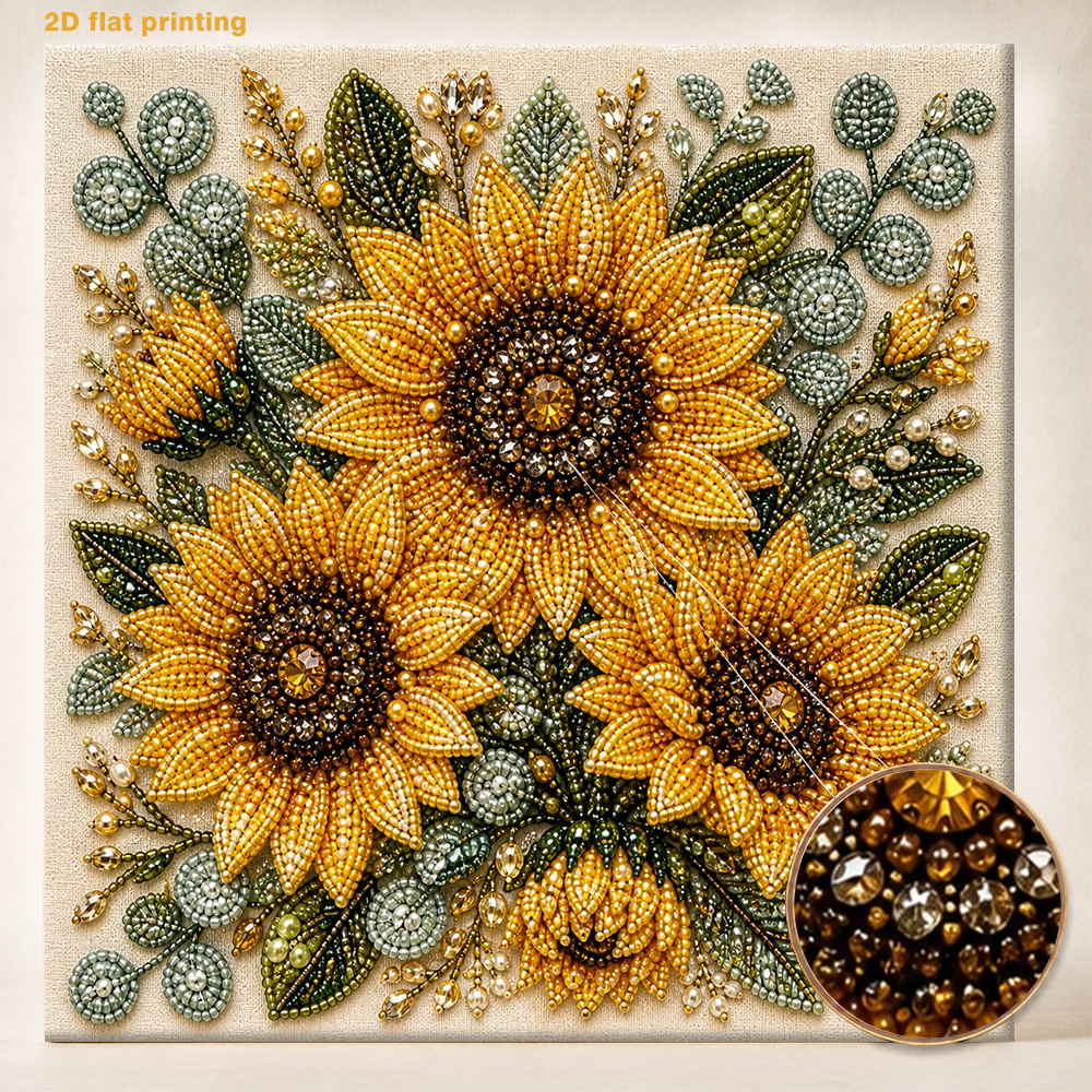 TEMU 2d Flat Printing Art Painting Set - Sunflower Bouquet Pattern, Includes Round Pearls, Shiny Gems, Clear Symbols, Full Tool Kit And Spare Pearls,