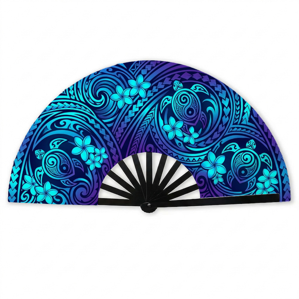 TEMU Éventail pliant tribal polynésien 1 pièce avec tortue de mer et hibiscus - Ventilateur à main hawaïen à claquement fort Foloud pour raves,