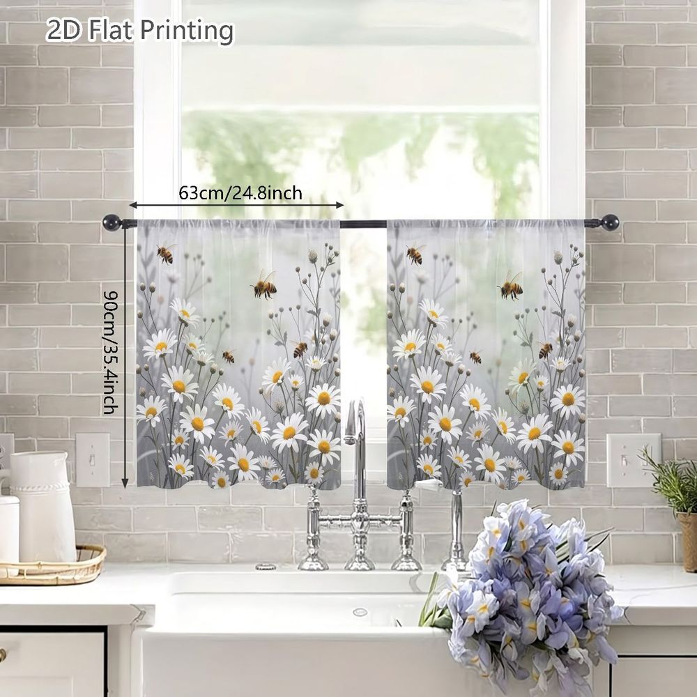TEMU 2d Flat, 2pcs Spring Summer Small Sheer Curtains, White Daisies With Yellow And Flying On Sheer Polyester Curtain, For Living Rooms, Bedrooms,