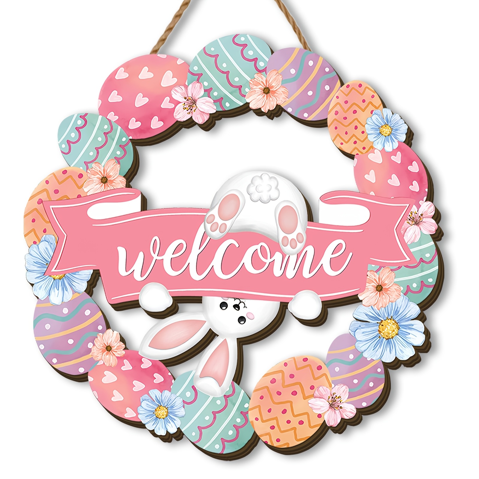 Image of 2d Flat, 1pc Easter Wooden Wreath, Wreath, Easter Party Decoration, Easter Bunny Accessory, Outdoor Yard Decoration, Perfect Easter Gift. Suitable For Types Of Festive Occasions, 2d Flat