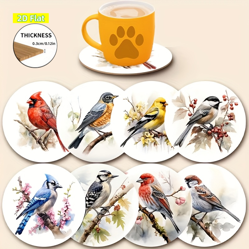 TEMU Lot de 8 sous-verres en bois - Dessous de verre antidérapants avec d'oiseaux d'Amérique (Cardinaux, Mésanges, , Rouge-gorges) - Protecteurs de