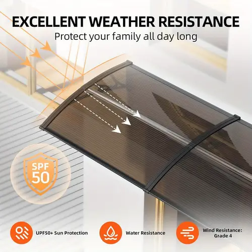 weather resistant polycarbonate door awning canopy uv and rain protection with black bracket and brown board clear cover for patio and outdoor spaces