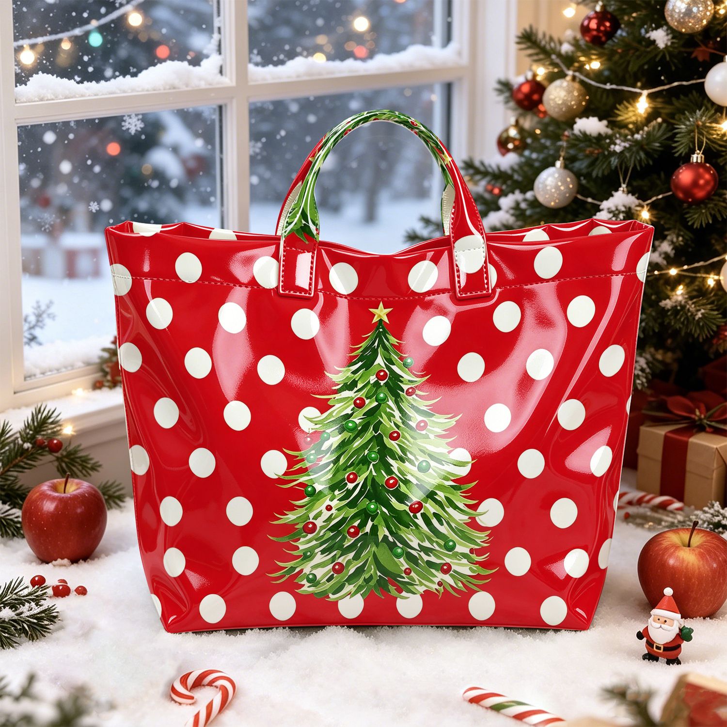 TEMU Women's Large High Quality /pvc Tote Bag Suitable For Holiday Party, Travel, School, Work - Glossy Zipper Closure Handbag With Christmas Santa