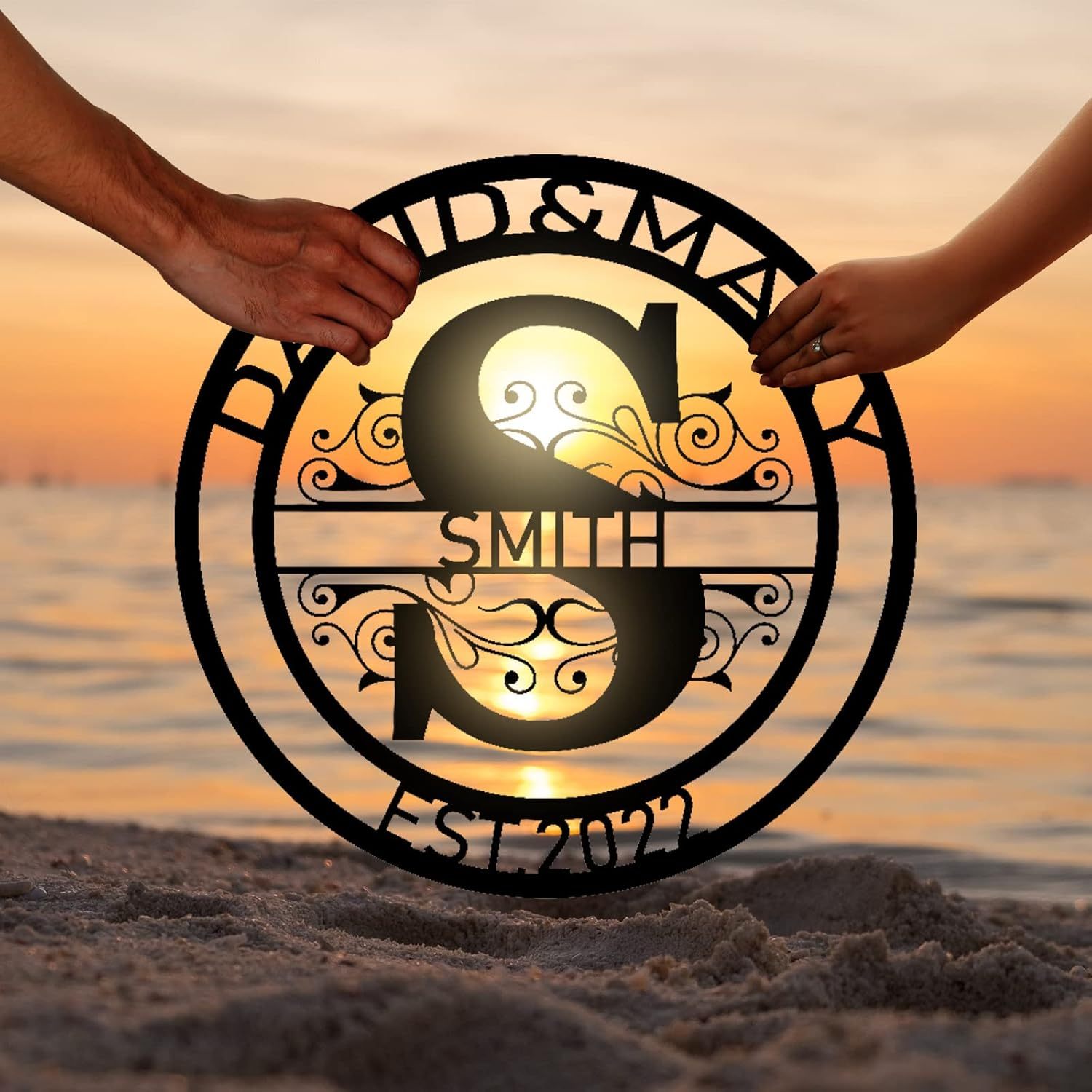individuelle metall-familienname-schilderung - personalisierte geteilte  -wanddekoration, eisenkunst für zuhause und hochzeitsgeschenk, kein   erforderlich, strandbild mit illustration der us-küstenwache, familienname-wanddekoration