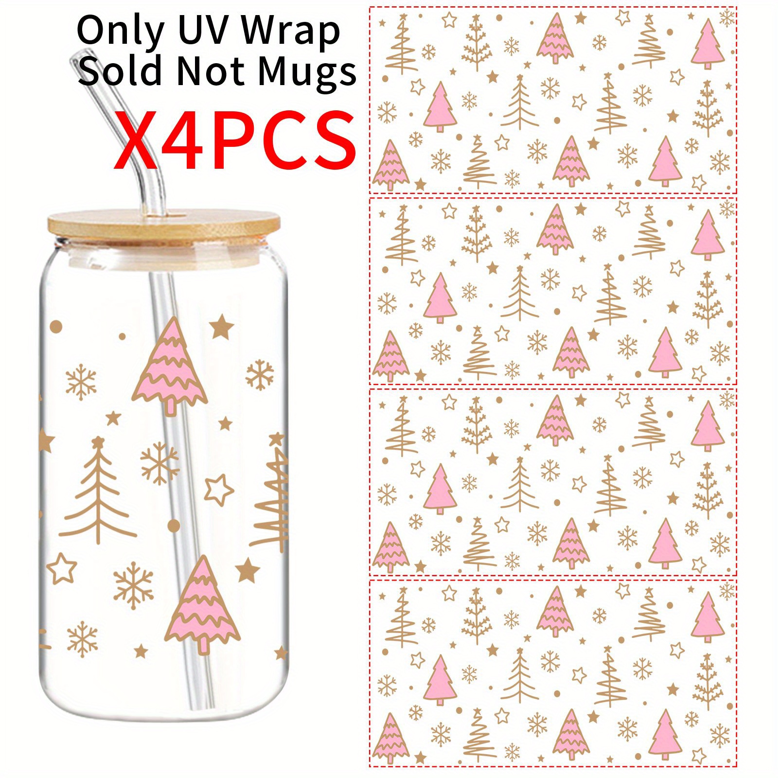 TEMU 4pcs/ Set Uv Dtf Transfer Sticker, Wine Glass Recognizer, Christmas Tree, Snowflake, Star Pattern, Suitable For 16oz Glass, Bottle, Laptop, Diy