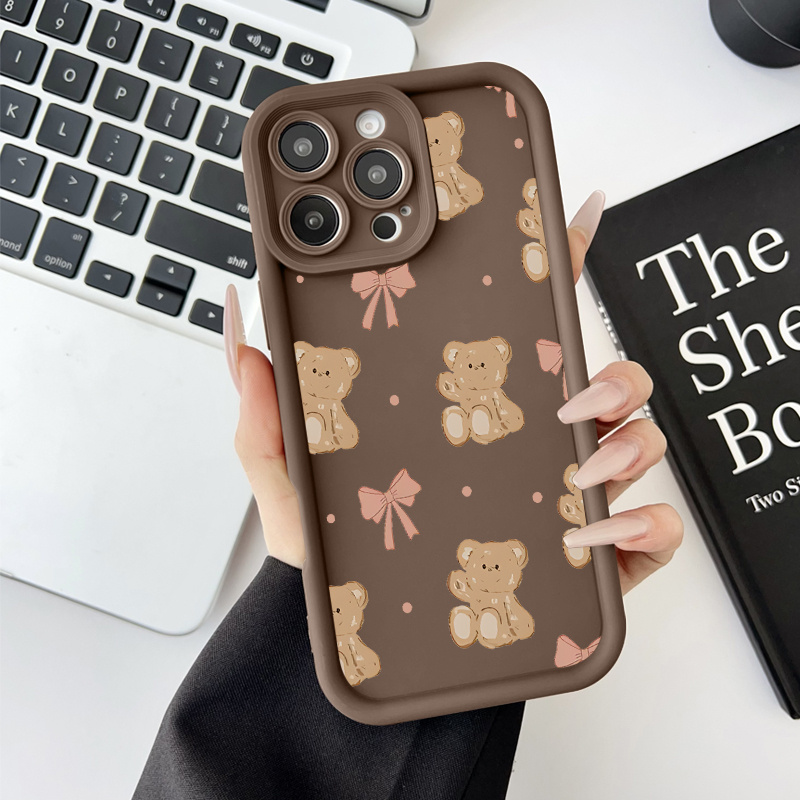 Brown bear bow Pattern Case for iPhone 16 15 14 Pro Max 13 12 11 XR XS Plus Shockproof Drop Protection Rugged Durable Silicone Cover Gifts for women men girls