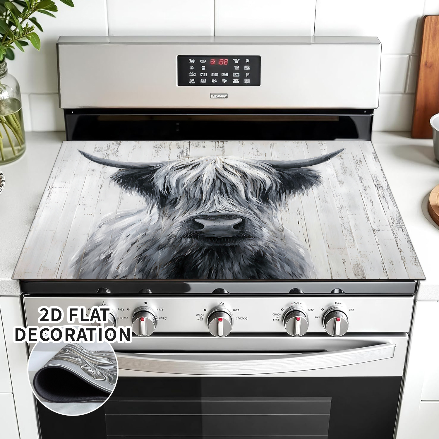 TEMU 2d Flat Decorative Stove Top Cover, Cow, Wood Pattern Stove Top Cover, Suitable For Electric Stove Kitchen Settings, And Functionality To Home