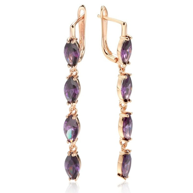 TEMU 1 Paar goldene lange Zirkonia-Tropfenohrringe Schmuck Klassische ovale Lapidarität Lila Steinohrringe Hochzeitsschmuck Geschenke