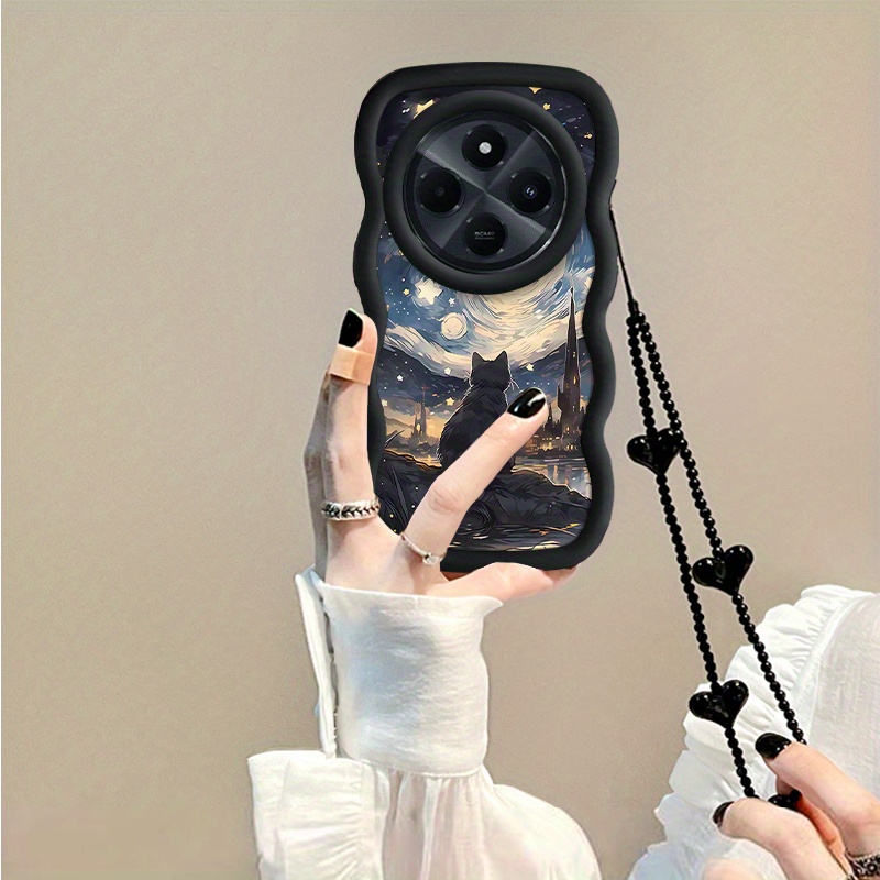 TEMU Phone Case - Durable 14c 4g Phone Case Comfortable At The Moon Cat With Black Lanyard Pattern Case Suitable For Redmi 14c 4g Featuring Durable