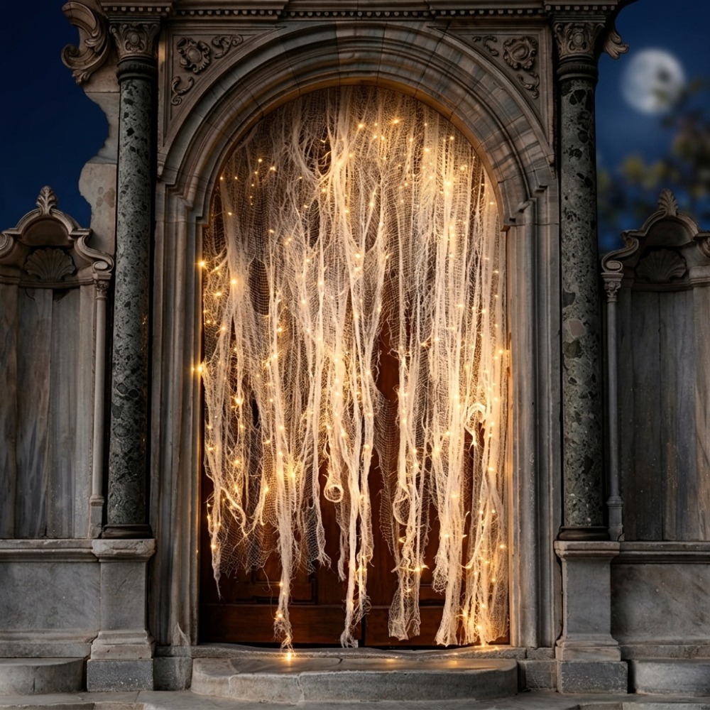 TEMU 1 Set Halloween Lighted White Gauze Decoration, Trick Or Treat Themed Lighted Holiday Displays - 1pc 2.15m/84.65in × /118.11in Gauze + 2pcs 5m