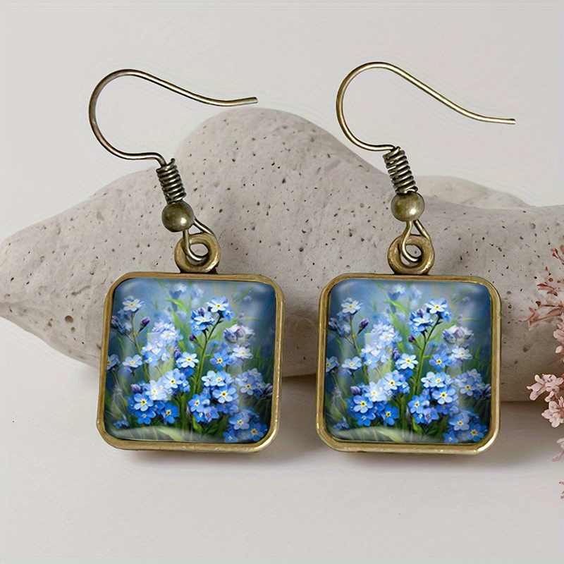 TEMU 1 Pair Me Not Oil Painting Square Earring Retro Glass Dangle Earrings Handmade Jewelry Gift
