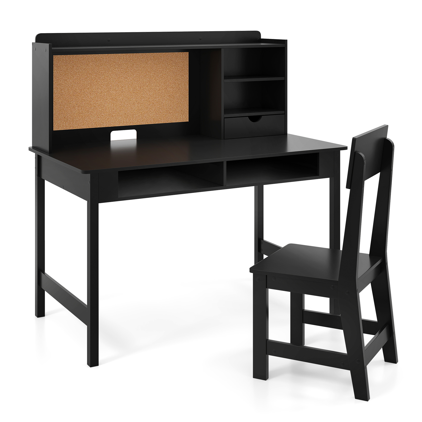 Image of Kids Study Desk And Chair Set, Wooden Students Writing Table With Cork Bulletin Board, Drawer, Storage Hutch And Open Shelves, Children Computer Workstation For Bedroom , Black