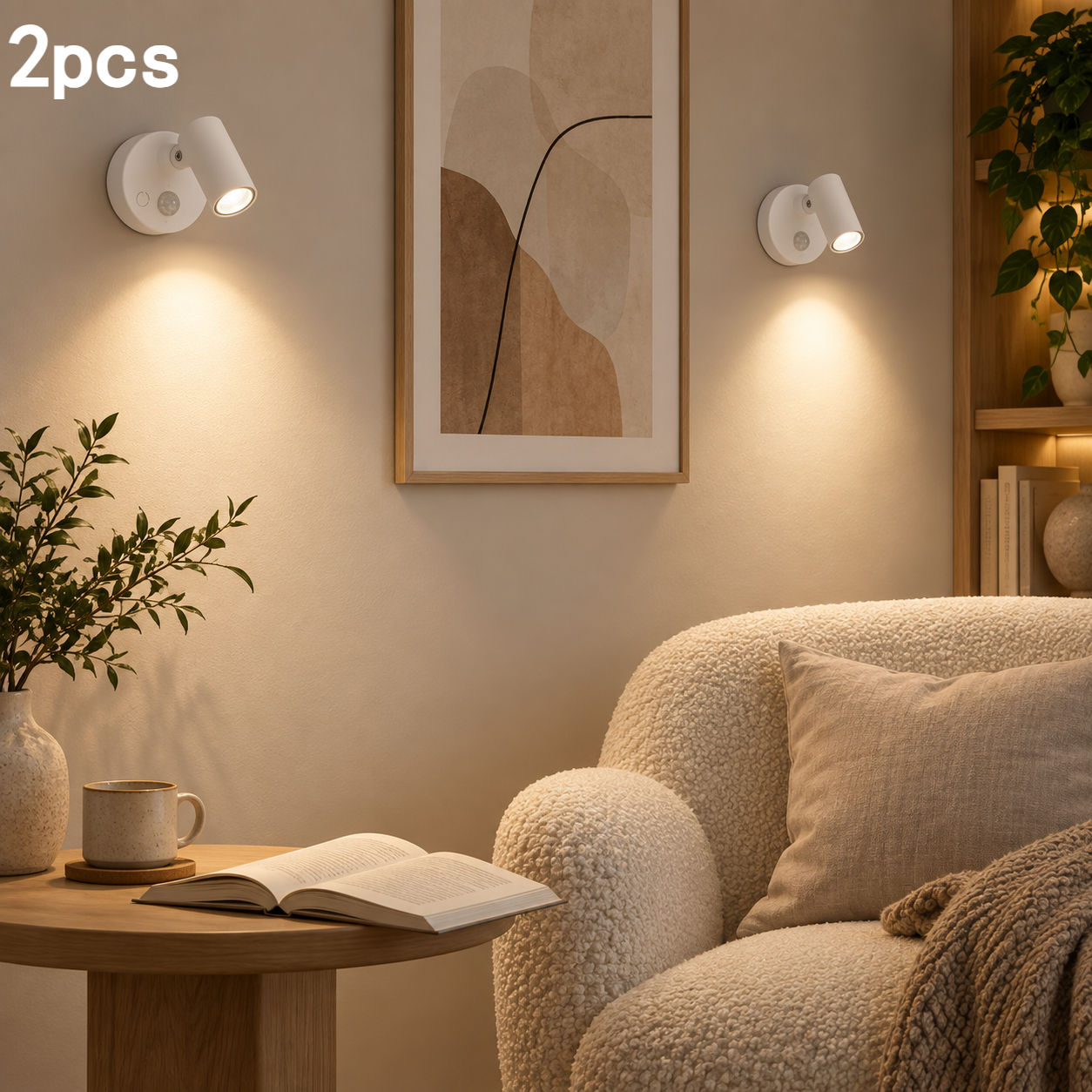 TEMU 2pcs Led Wall Lights, 3 Color Temperatures, Touch Dimming, Motion Sensor, Usb-c Rechargeable, Adjustable Heads, White , Picture Lights For Art