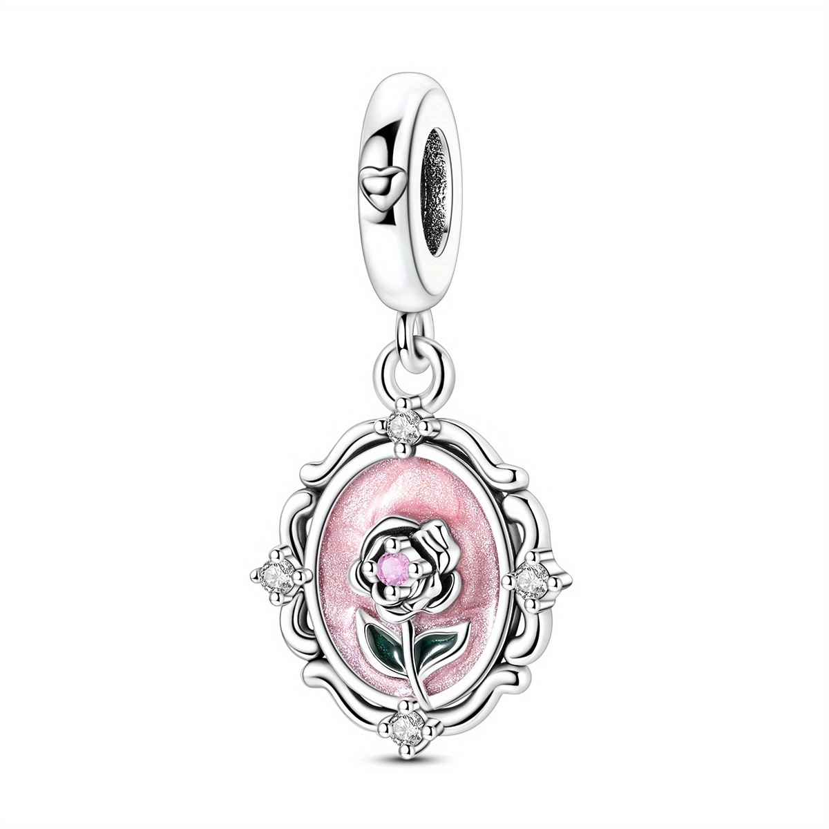 TEMU 1pc Silvery Plated Exquisite Pink Enamel Synthetic Cubic Zirconiaia Romantic Rose Charm Fit Original Bracelet Necklace Beads For Making Women
