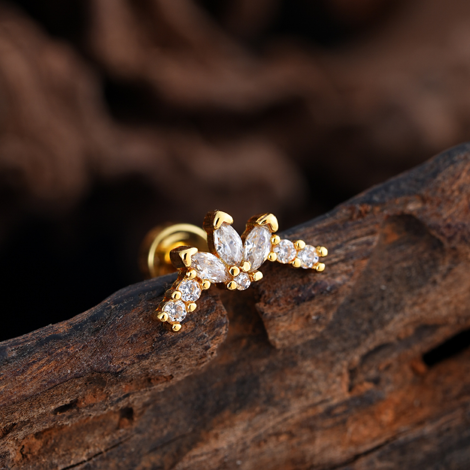 TEMU Boucle d'oreille à clou plate 2D pour cartilage, marquise en acier inoxydable avec CZ floral, bijou de piercing pour et tragus fil et à dos plat