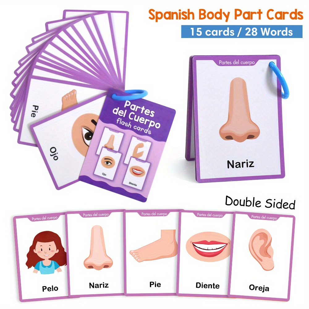 Learn Spanish Cards Kit For Kids | Sight Words Flash Cards Set: Animals Food Fruits & Body | Educational Birthday Gift | Homeschool Preschool Preschool Kindergarten Games | Learning Vocabulary Cards
