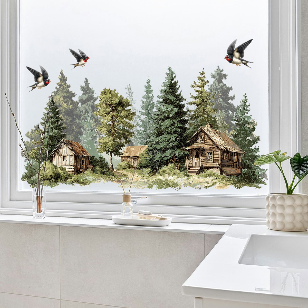 TEMU Watercolor-style Forest Cabin And Swallow Themed Static Glass Sticker, Suitable For And Windows, A Atmosphere With Personalized And Creative